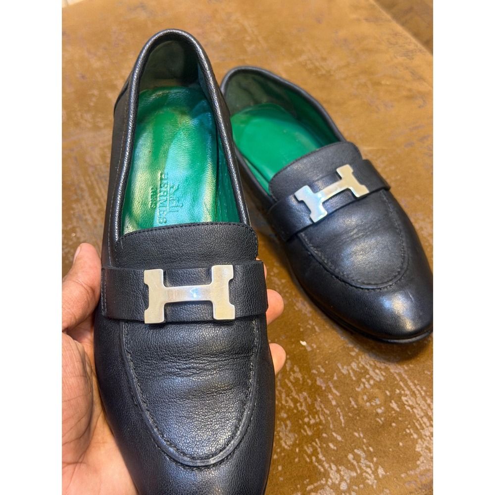 Hermes Paris Loafers Black Grained Leather Silver H Buckle Green Lining Mens